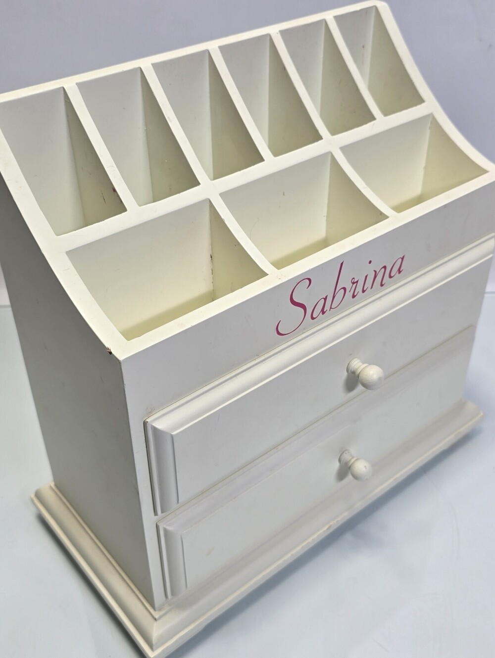Personalized Sabrina White Wooden Desktop Organizer 2 Drawers 9 Compartments 12"